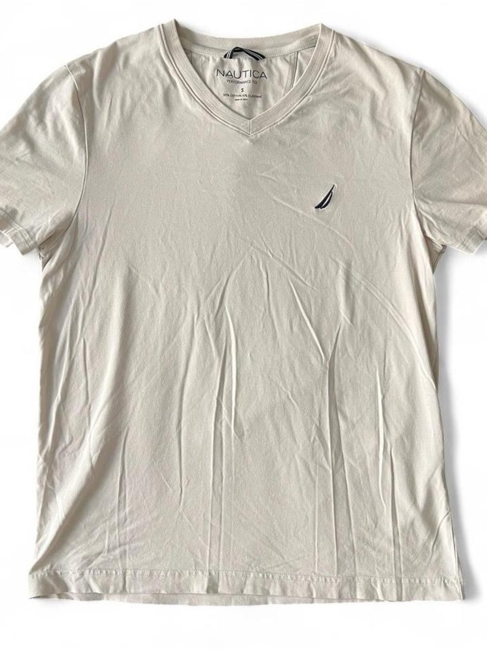Nautica Men's V-Neck Tee in Cream with Navy Logo